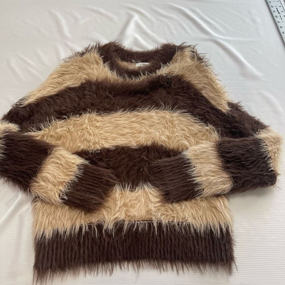 Topshop Brown Stripe Knitted Ultra Fluffy Shaggy Sweater Size Small 4-6